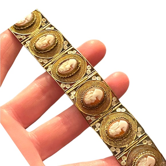 Vintage 800 Italy Gold wash Fancy filagree shell cameo bracelet chunky bangle - Picture 5 of 15